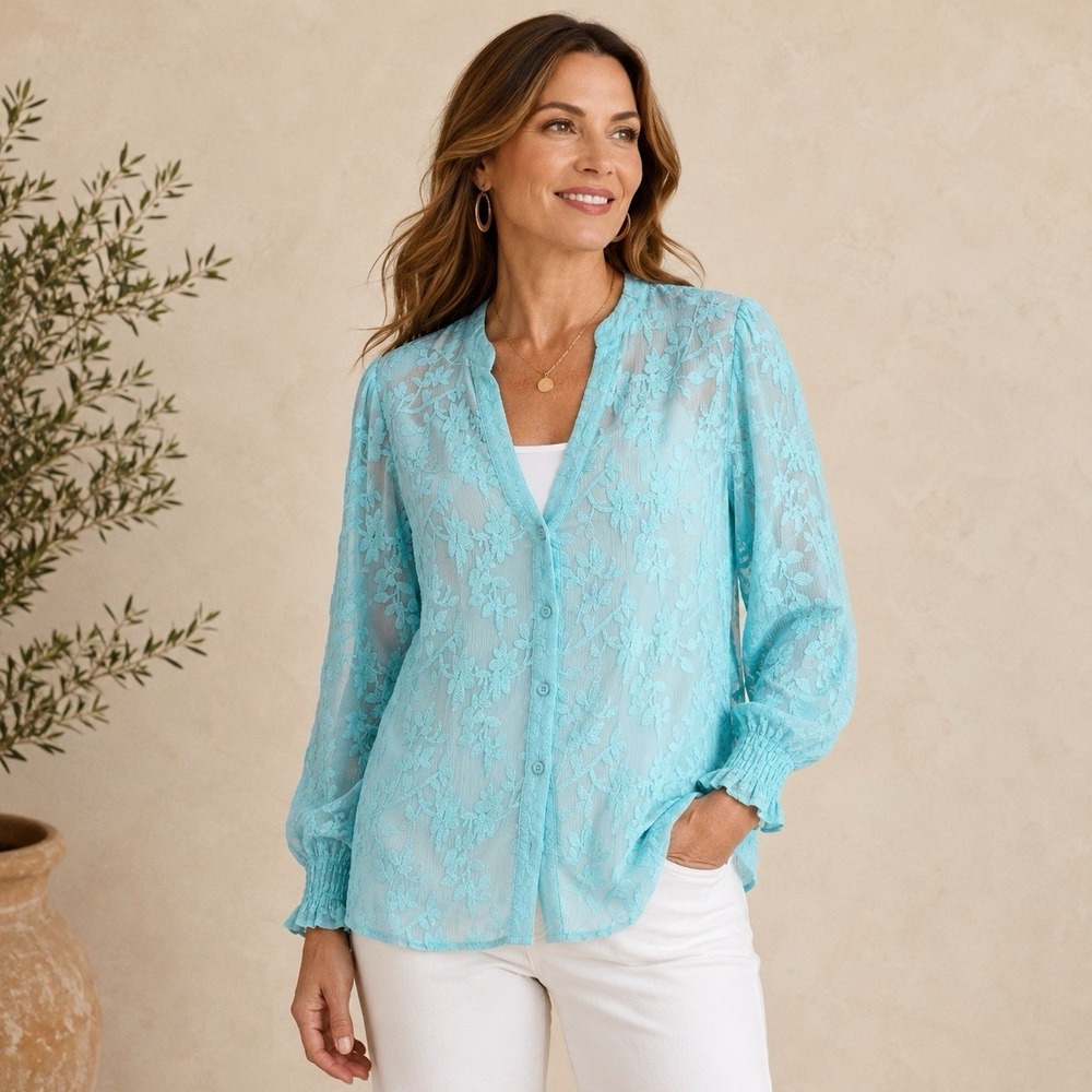 Chico's Size 3 US 16 Aqua Embroidered Sheer Floral Blouse Boho Coastal Top